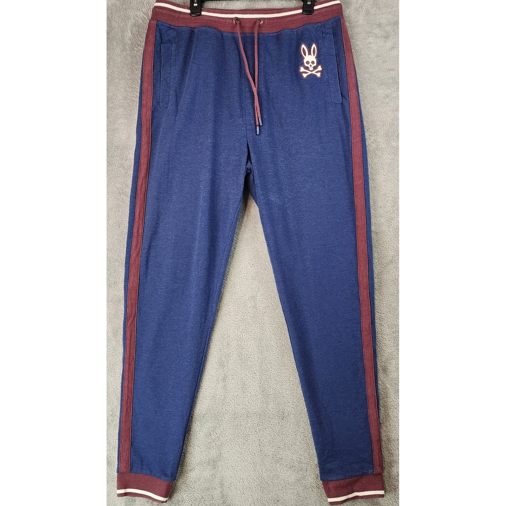 Psycho Bunny Sweatpants Mens XL Navy Blue Burgundy Side Stripe Logo Jogger